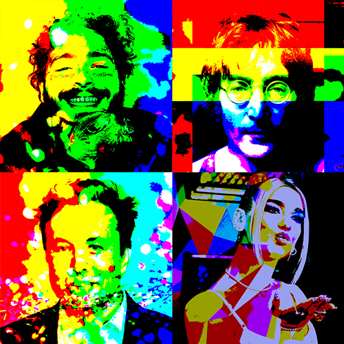 Showcasing Pop Culture Icons: A Collage Inspired by Andy Warhol, Featuring John Lennon, Post Malone, Dua Lipa, and Elon Musk