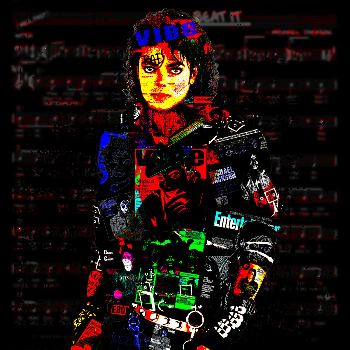 Chaos with Colors Vibrant pop art portrait of Michael Jackson, the legendary pop icon, showcasing his signature style and charisma. The artwork features bold colors, dynamic lines, and a captivating representation of the artist. This visually stunning pop art image pays homage to Michael Jackson's cultural impact and musical legacy