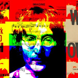 One-of-a-kind acrylic pop art portrait of John Lennon, the music legend, by Chaos with Colors. A vibrant celebration of his music and message.