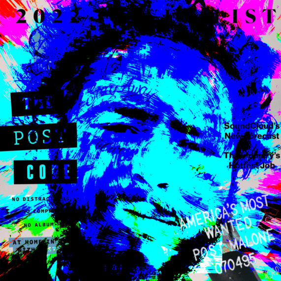 Own a one-of-a-kind acrylic pop art portrait of Post Malone by Chaos with Colors. This vibrant artwork celebrates his unique sound and style. Shop now!