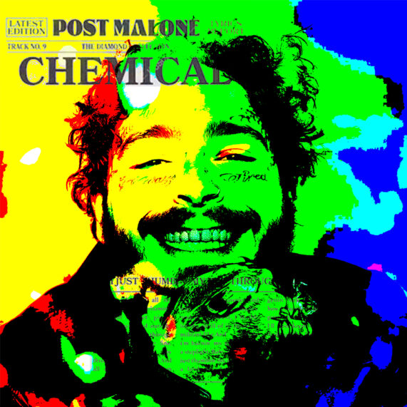 One-of-a-kind acrylic pop art portrait of Post Malone by Chaos with Colors. Captures the essence of the genre-bending music artist.