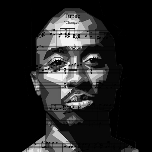 A black and white portrait of Tupac Shakur, the iconic rapper, with a contemplative expression and a determined gaze.