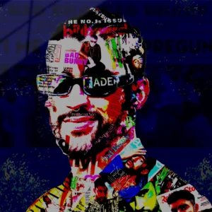 One-of-a-kind Bad Bunny acrylic pop art print in high-gloss, blending raw headlines and lyrics into chaotic global king glory – Chaos with Colors.