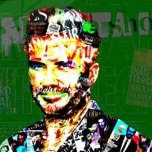 One-of-a-kind David Beckham acrylic pop art print in high-gloss, blending working-class roots and iconic free kicks into chaotic glory – Chaos with Colors.