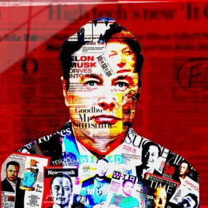 One-of-a-kind Elon Musk acrylic pop art print in high-gloss, blending bullied coder roots and Mars dreams into chaotic visionary glory – Chaos with Colors.