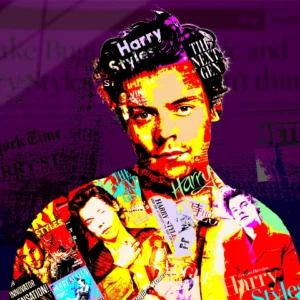 One-of-a-kind Harry Styles acrylic pop art print in high-gloss, blending X Factor roots and solo evolution into chaotic glory – Chaos with Colors.