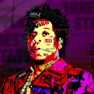 One-of-a-kind Jay-Z acrylic pop art print in high-gloss, blending Marcy projects hustle and billionaire empire into chaotic glory – Chaos with Colors.