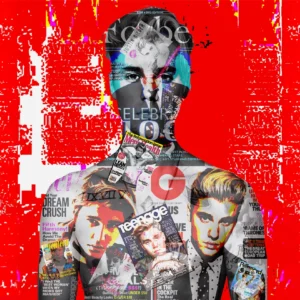 One-of-a-kind Justin Bieber acrylic pop art print in high-gloss, blending YouTube discovery and global takeover into chaotic glory – Chaos with Colors.
