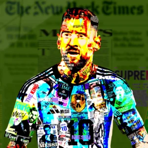 One-of-a-kind Lionel Messi acrylic pop art print in high-gloss, blending growth struggles and GOAT dominance into chaotic glory – Chaos with Colors.
