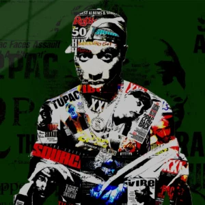 One-of-a-kind Tupac Shakur acrylic pop art print in high-gloss, blending raw lyrics and revolutionary fire into chaotic glory – Chaos with Colors.