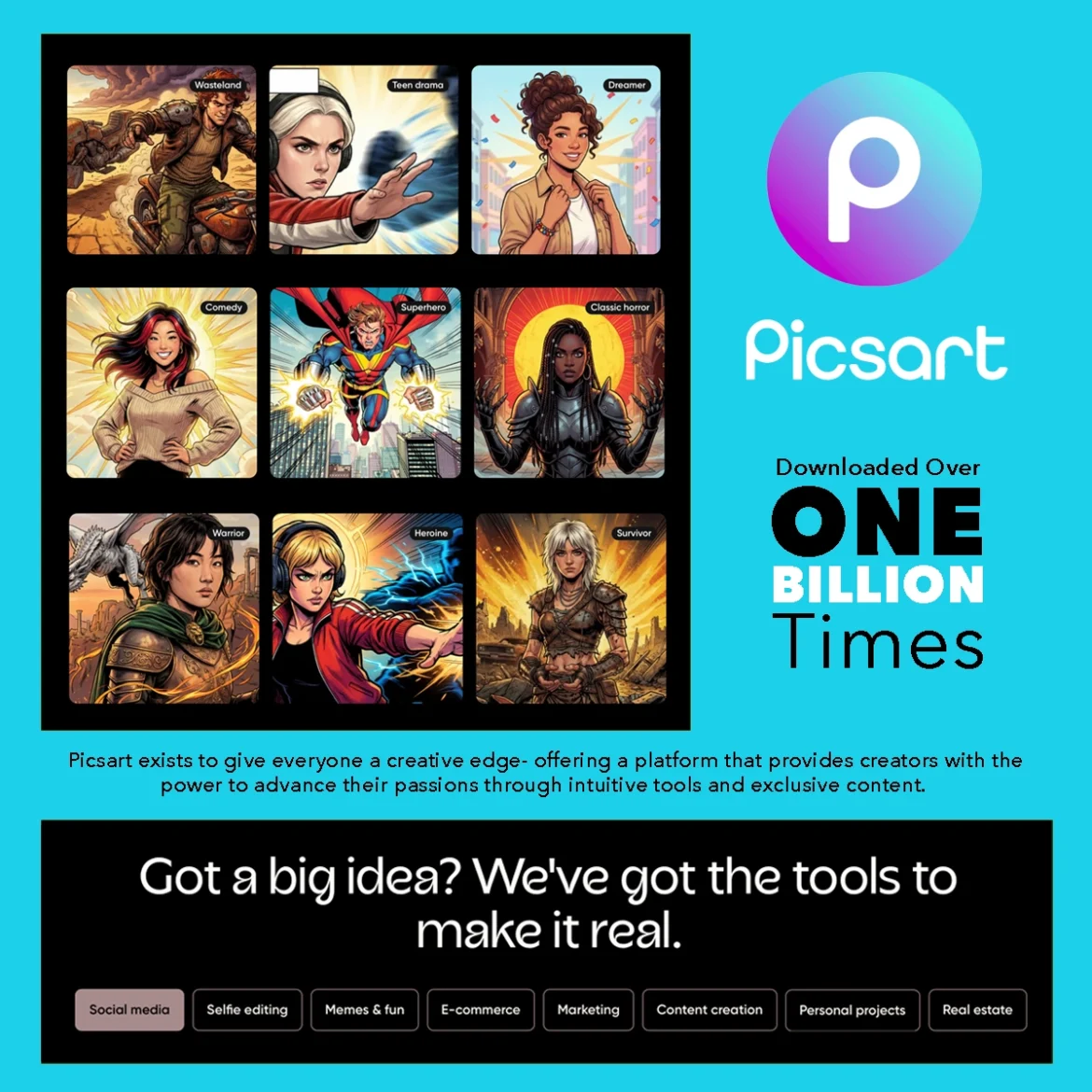 PicsArt app interface showing pop art photo editing tools and colorful effects