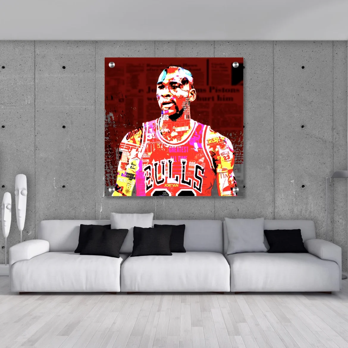 Bold Jordan pop art portrait for hotel lobby — acrylic wall art by Chaos with Colors