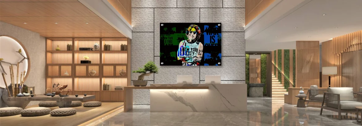 Acrylic art for hotel lobbies — one-of-a-kind John Lennon pop art by Chaos with Colors