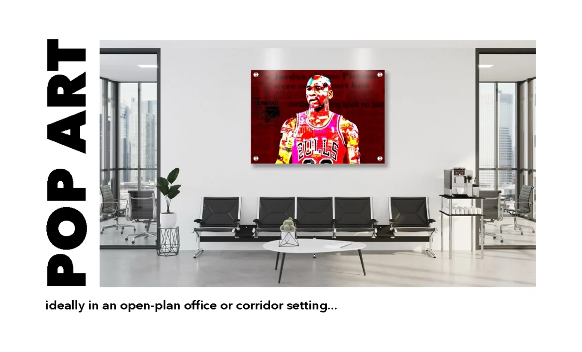 Michael Jordan Pop art for a corporate open-plan office or corridor setting — one-of-a-kind acrylic statement artwork by Chaos with Colors
