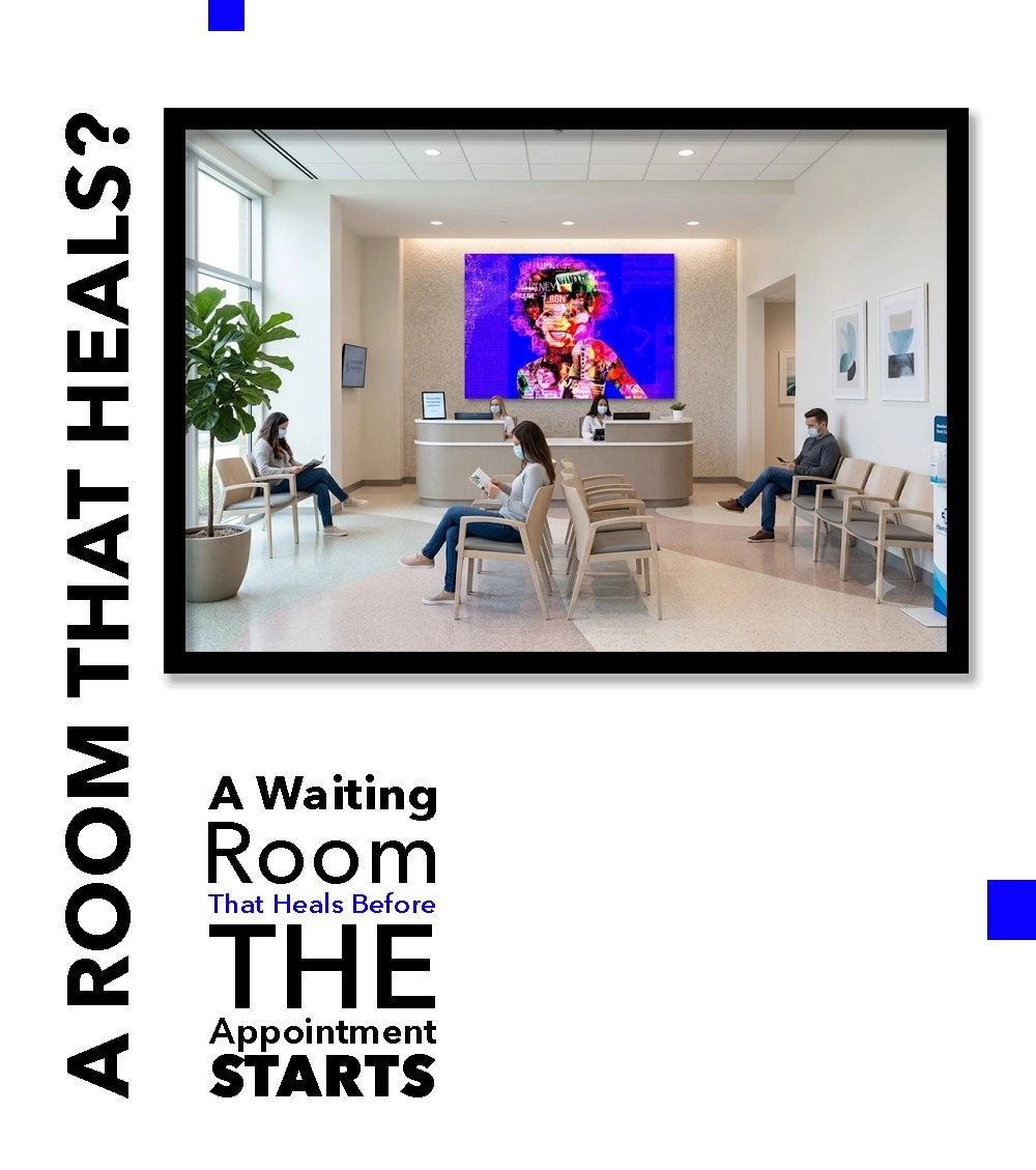 Whitney Houston acrylic pop art in modern medical office waiting room